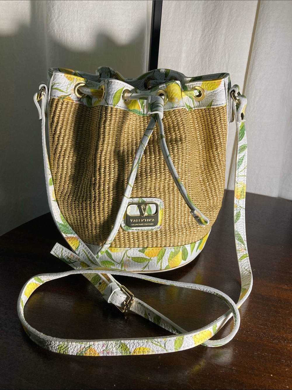 Valentina Lemon-Print Straw Drawstring Tote - Yellow, Natural & White